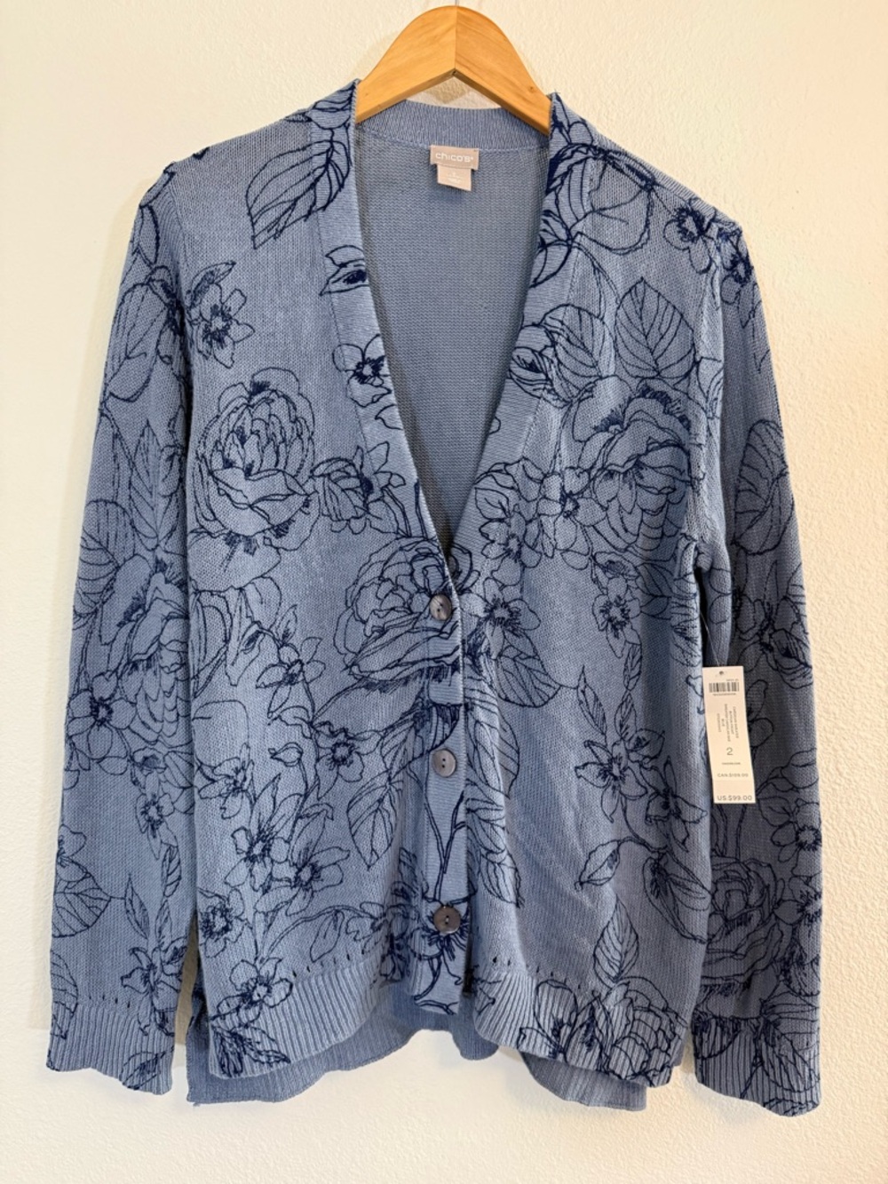 Chico's Blue Floral Button-Front Cardigan Large Linen Cotton New coastal beach